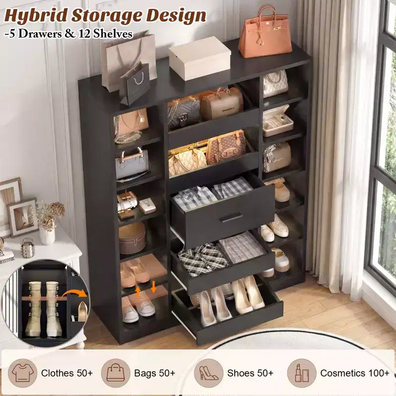 Wooden Shoes Cabinet with LED Lights, Freestanding Closet Organizer with Drawer and Shelves