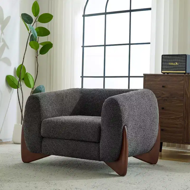 Birch Wood Boucle Upholstered Club Chair