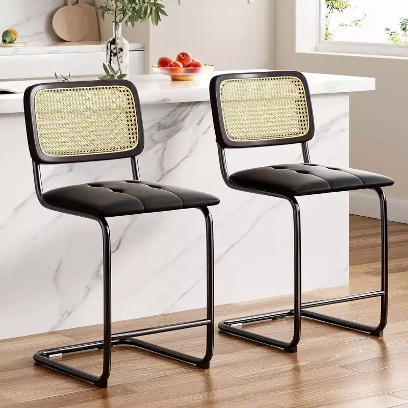 PexFix 2Pcs Counter Height Bar Stools Upholstered PU Leather Barstools with Rattan Back 24 inch Stools Armless Bar Chairs for Kitchen Island Black