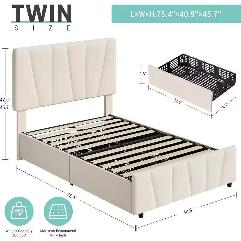 Twin Bed Frame with Adjustable Headboard, 2 Storage Drawers & Wood Slats, Velvet Upholstered, No Box Spring Needed, Beige