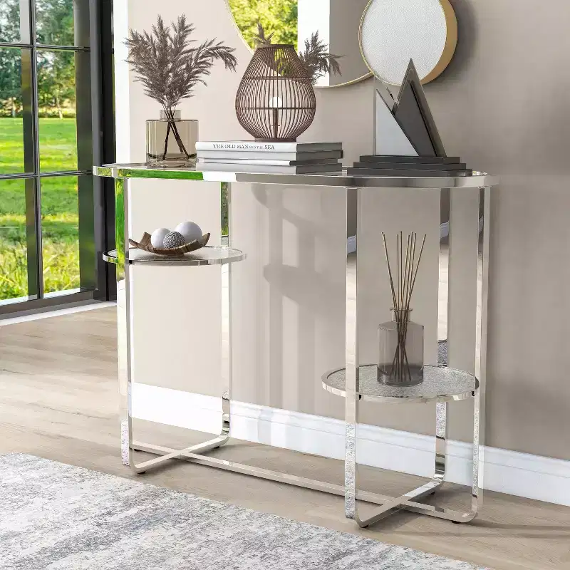 Calloun Glam 2 Shelf Sofa Table Chrome - HOMES: Inside + Out: Oval, Tempered Glass, Metal Frame