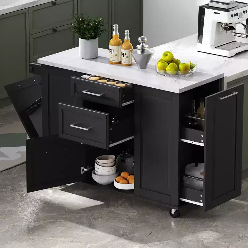 Modern Kitchen Island with Drop Leaf & Pull-Out Trash, Rolling Cart with Wheels & Drawers