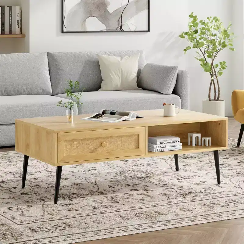 Coffee Table for Living Room,Mid Century Modern Wooden 2-Tier Rectangular Center Table with PVC Rattan Door Drawer