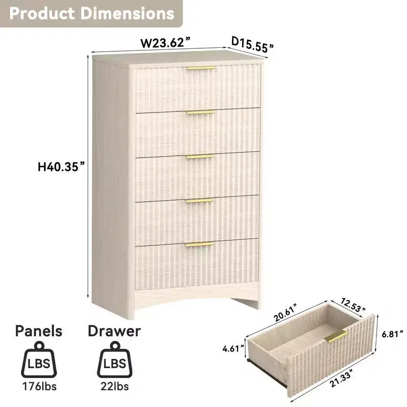 5-Drawer Tall Wooden Dresser, Smooth Gliding Drawers Large Capacity Storage Space, Modern Organizer Cabinet for Bedroom or Hallway