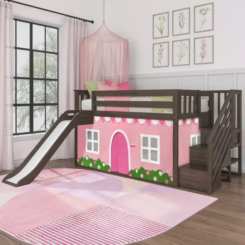Twin Low Loft With Stairs, Easy Slide & Light Pink & White Farmhouse Curtain