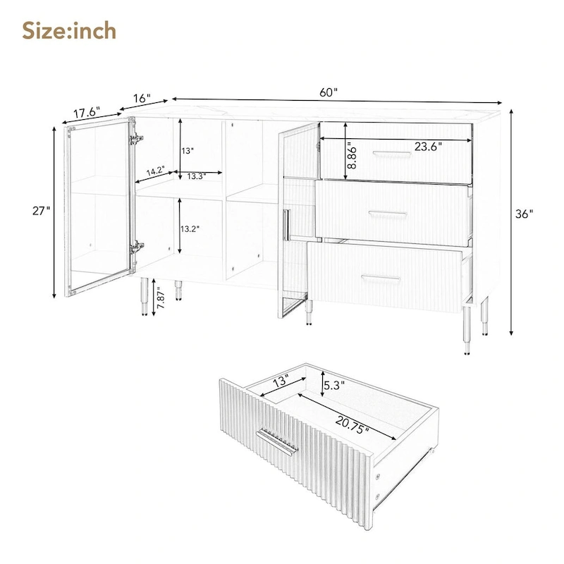 Modern Sideboard Buffet Cabinet with Gold Metal Legs