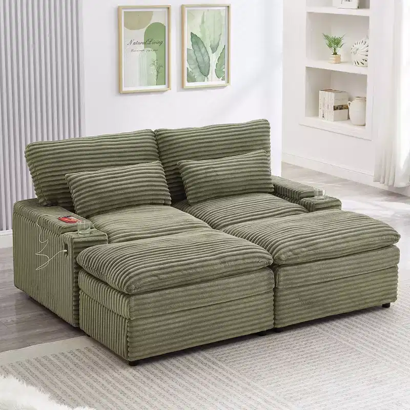 Modern 70.9 Sectional Loveseat Sofa with Storage, Ottomans, 4 Ports & 2 Cup Holders