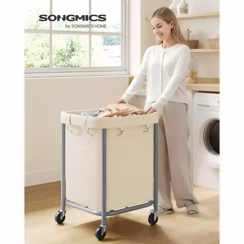 45-Gallon (170 L) Laundry Basket with Wheels,with Steel Frame and Removable Bag, 2 Locking Wheels, Cream White and Metallic Silver