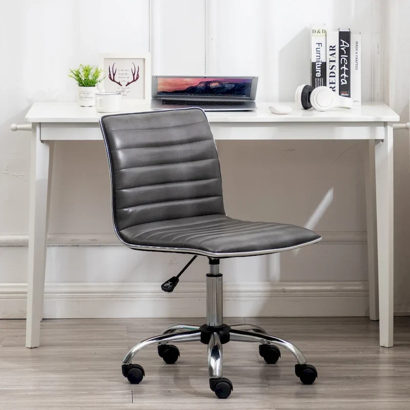 Grey Faux Leather Mid-Back Armless Swivel Task Chair with Lumbar Support for 1 Person