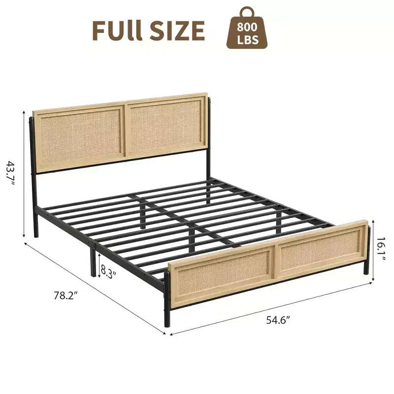 Bed Frame with Natural Rattan Headboard and Footboard, Wooden Platform No Box Spring Needed, Noise-Free Metal Bedframe
