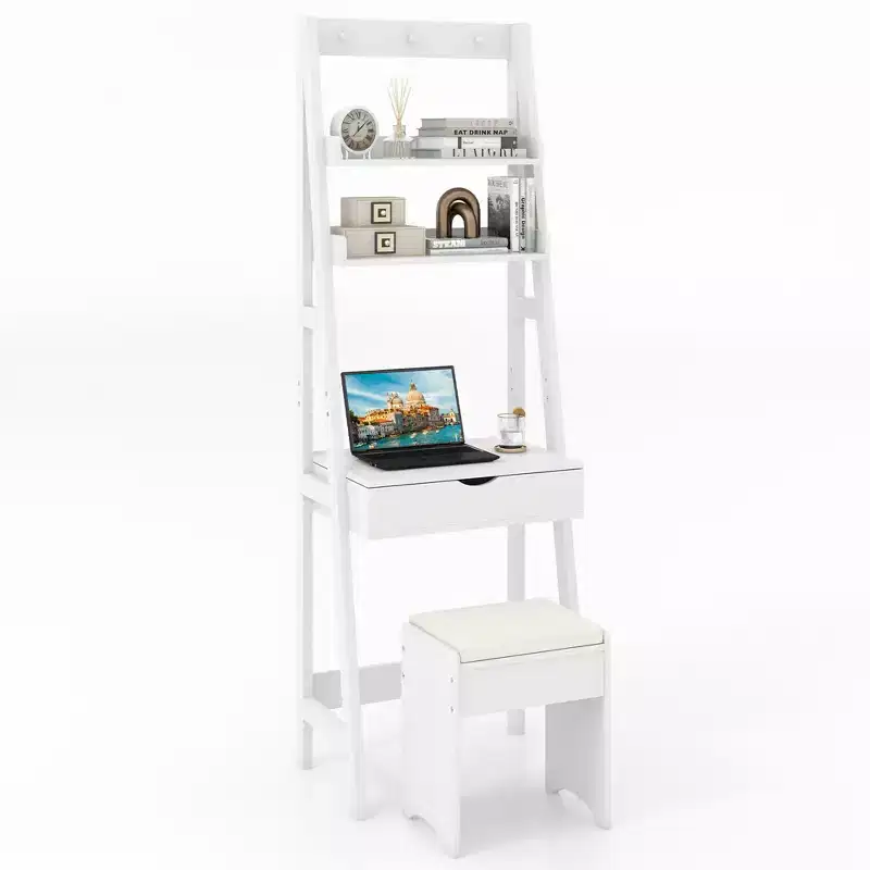 Vanity Desk w/ Flip-up Mirror and Stool w/ 3-Color Lighting 6 Compartments