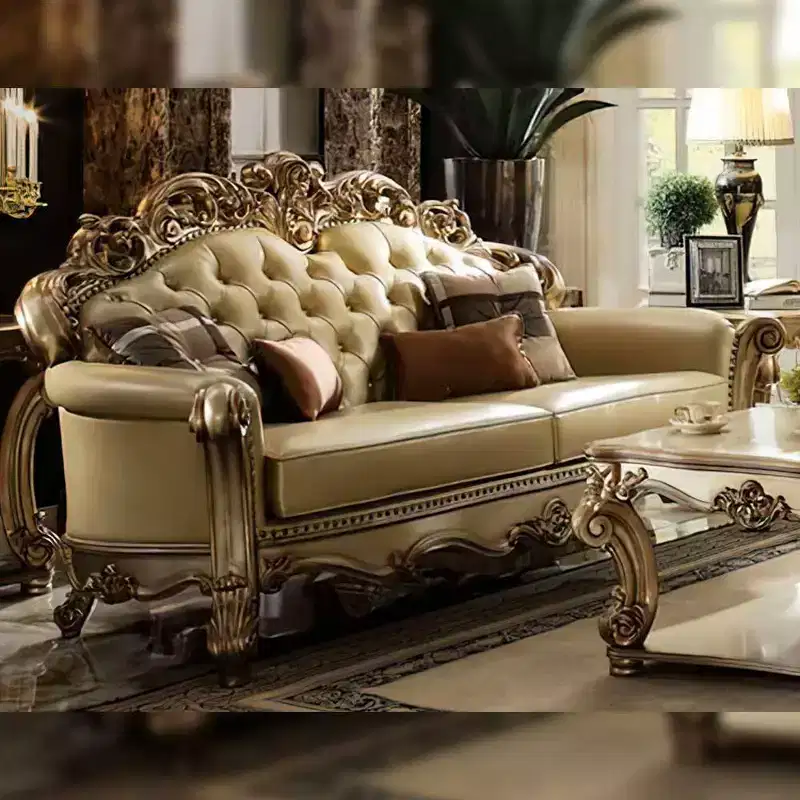 Bone Faux Leather Loveseat with Gold Patina Finish