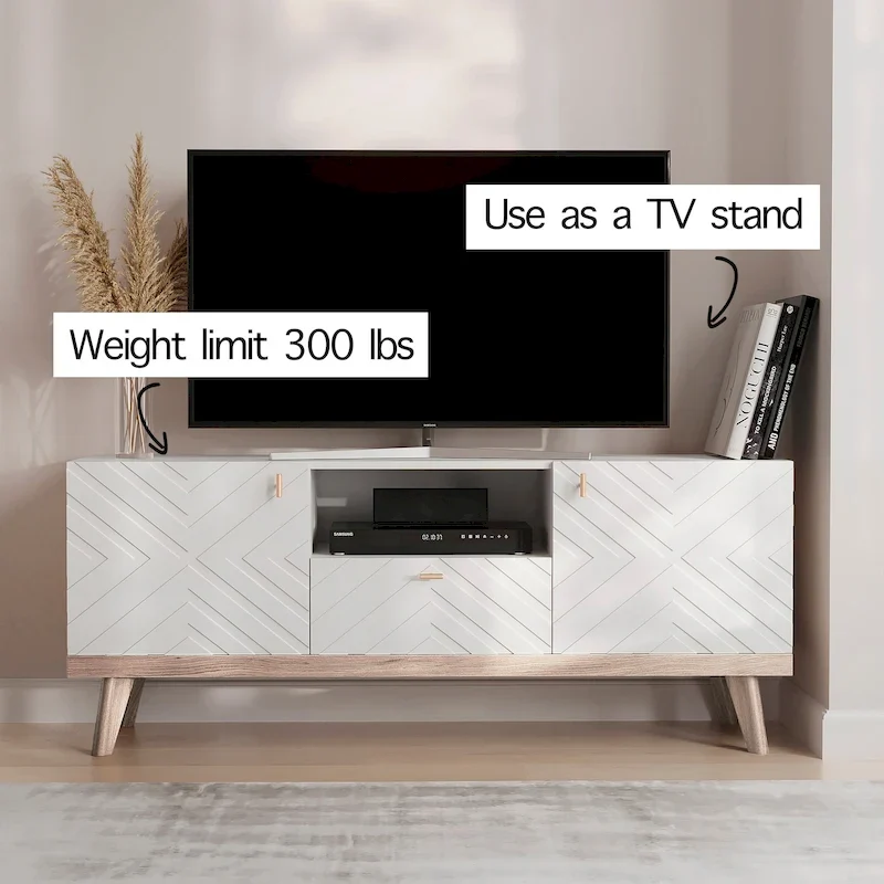Mid-Century Modern TV Stand Console with Drawer, Beige, Fits TVs up to 65 in, Wood Legs
