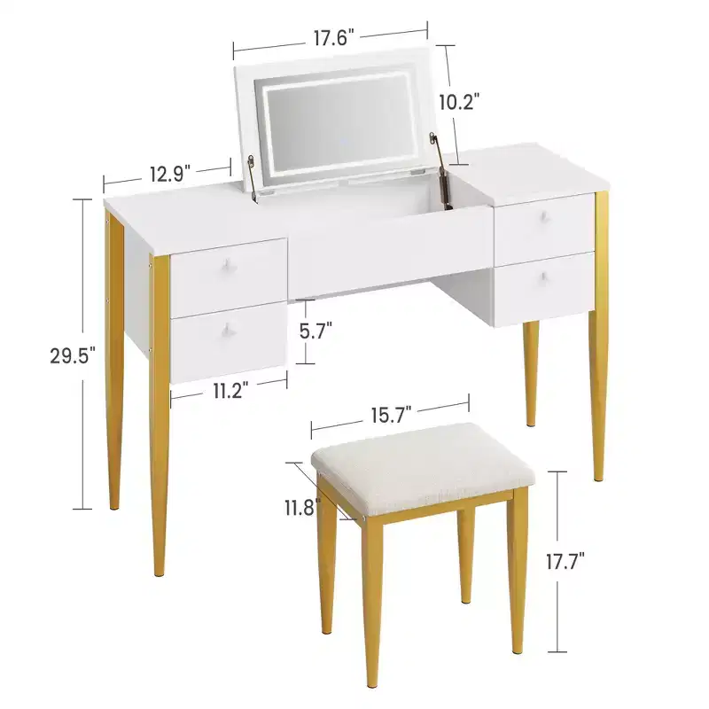 Small Vanity Desk with LED Mirror, Flip Top & Drawers for Bedroom