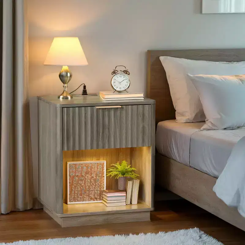 Gray 1-Drawer Nightstand with Lower Shelf for 1