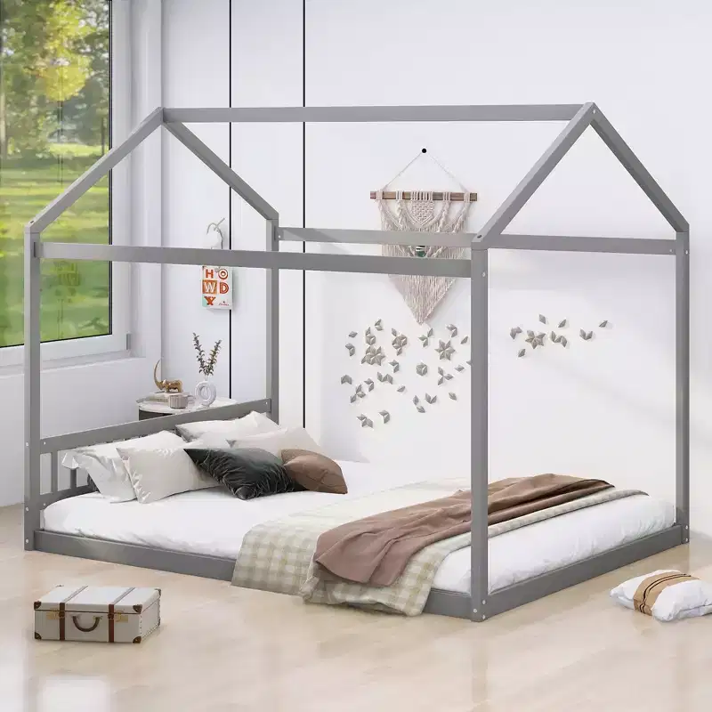 Whisen Queen Size Wooden House Bed, Minimalist Style Montessori Bed