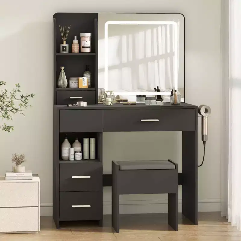 Vanity Desk with Mirror and Lights, 3 Adjustable Lighting Makeup Vanity Desk with 3 Storage Shelves, 5 Large Drawers and Power Outlet