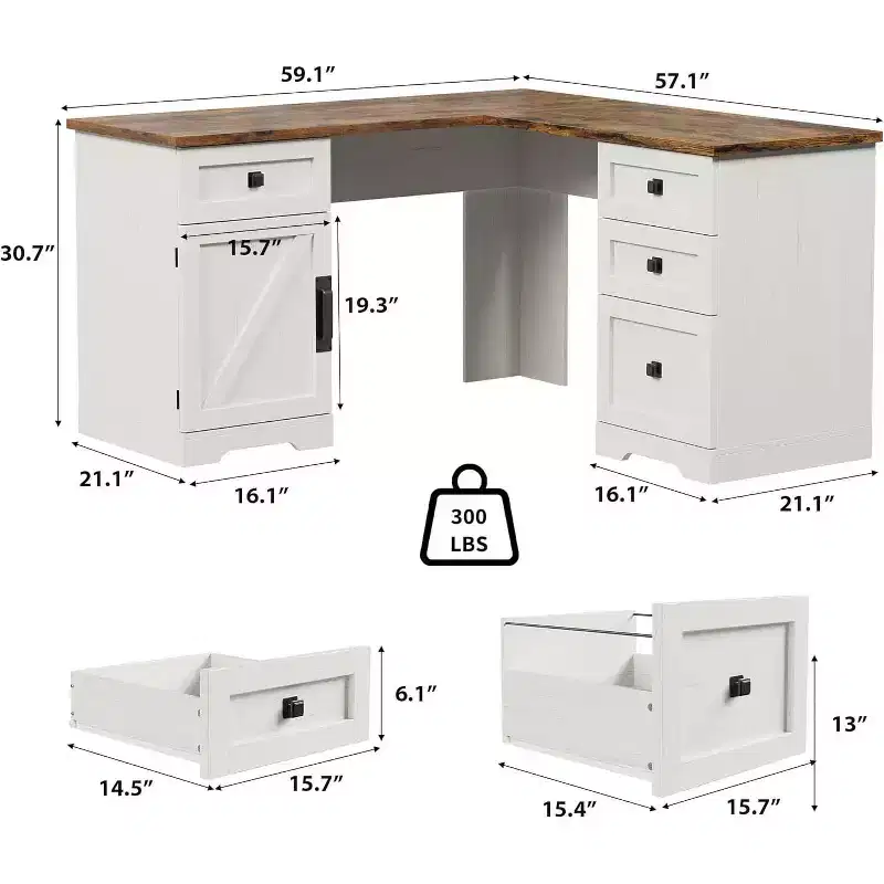 Acekool 60 Executive L-Shaped Farmhouse Desk with File Drawers & Adjustable Storage Cabinet, Corner Computer Desk for Home Office