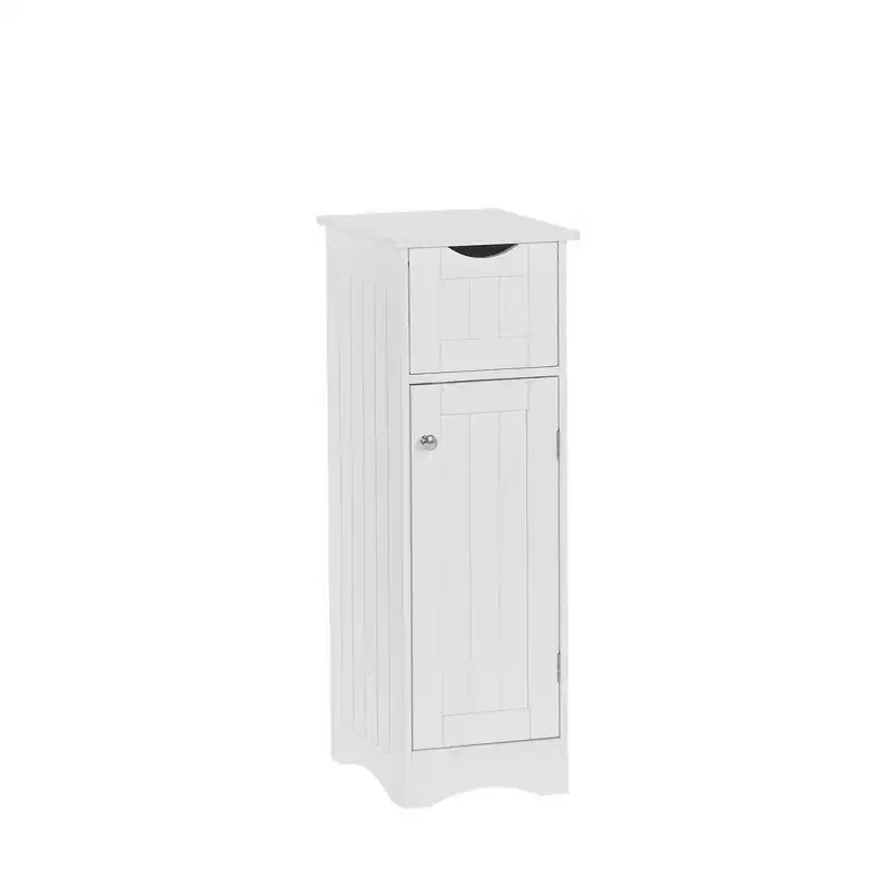 Single Door Narrow Bathroom and Laundry Storage Cabinet with Drawer and Adjustable Shelves, White