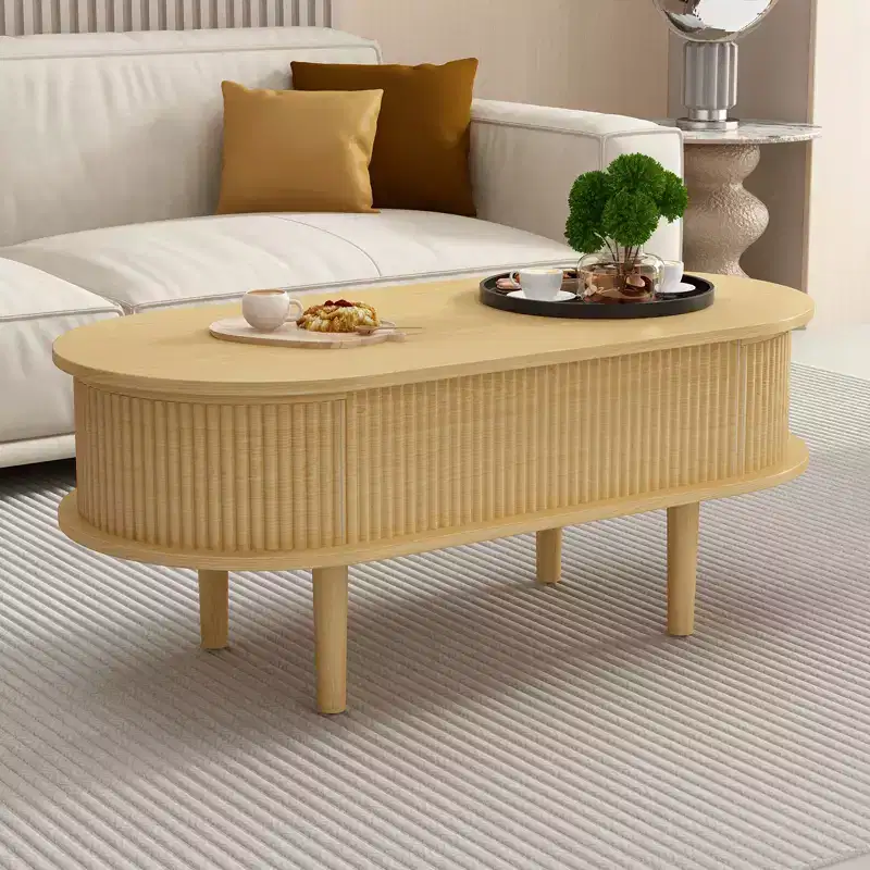 JVNOXK Fluted Lift Top Coffee Table with Hidden Compartment, Wooden Center Table, Modern Oval Lift Tabletop forLiving Room Office,Natural