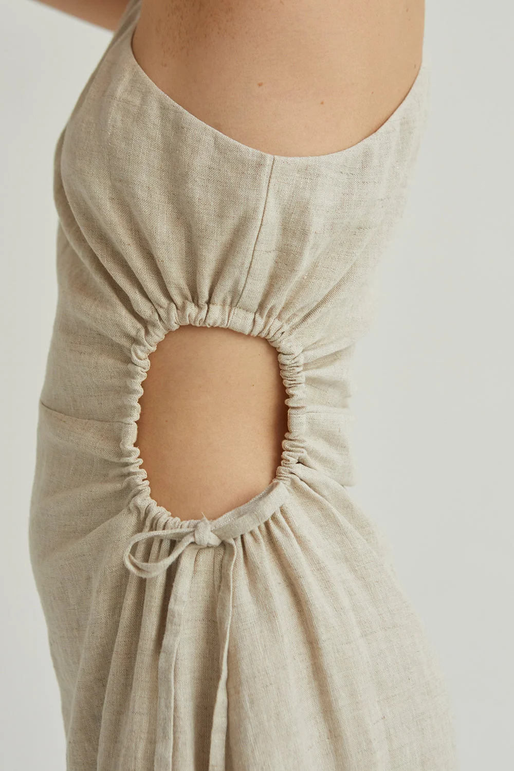 One Shoulder Midi Dress with Side Cutout in Linen