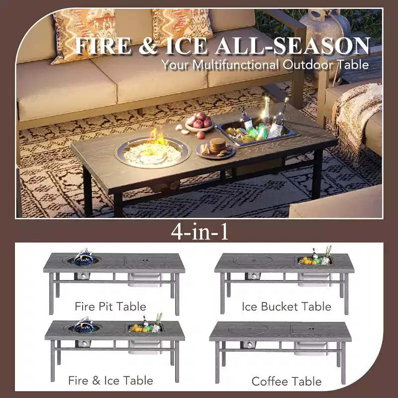 Heynemo Aluminum Patio Furniture Set with Fire Pit Table, 7 Pieces Modern Outdoor Conversation Set with Ottomans and Coffee Table