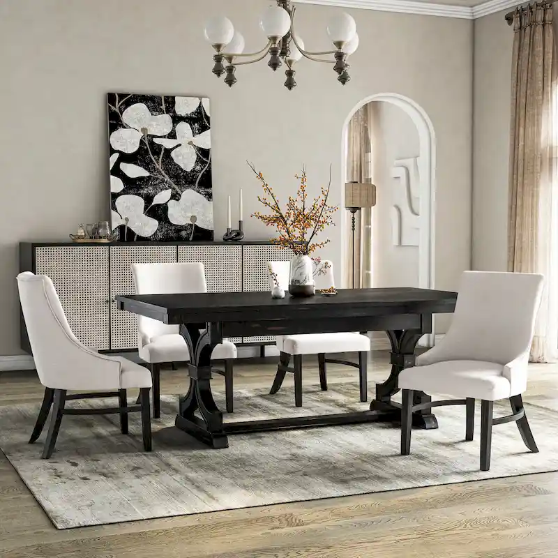 Farmhouse Black Wooden Dining Table with 4 Chairs
