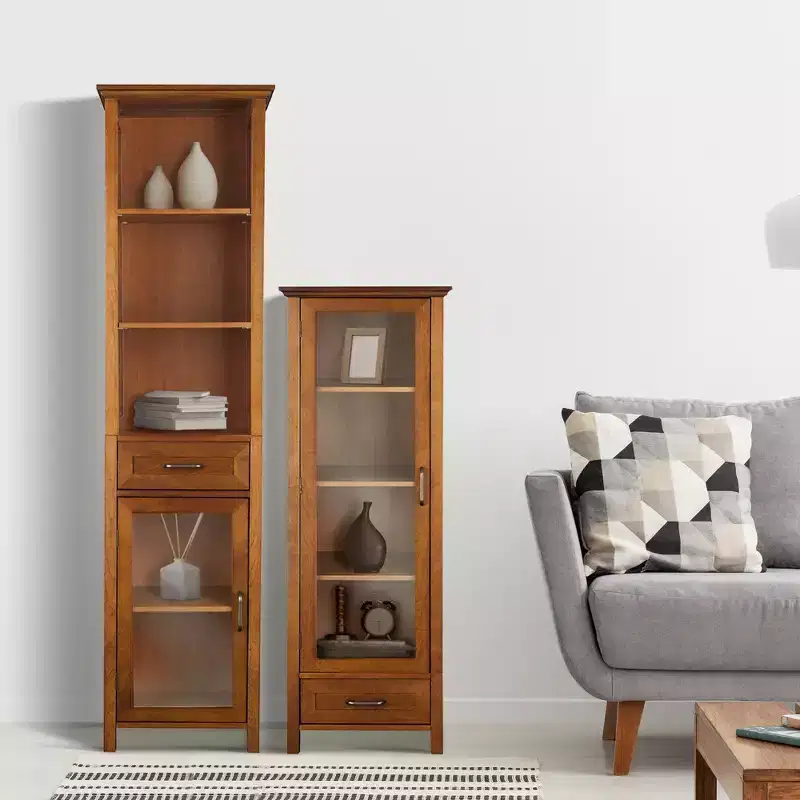 Freestanding Linen Cabinet with Glass Doors, Drawer & Shelves, Oiled Oak