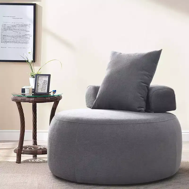 GustoWave Oversized Round Accent Chair, Modern Upholstered Sofa with Pillows, Cozy Leisure Chair for Living Room, Chenille Fabric, Light Gray