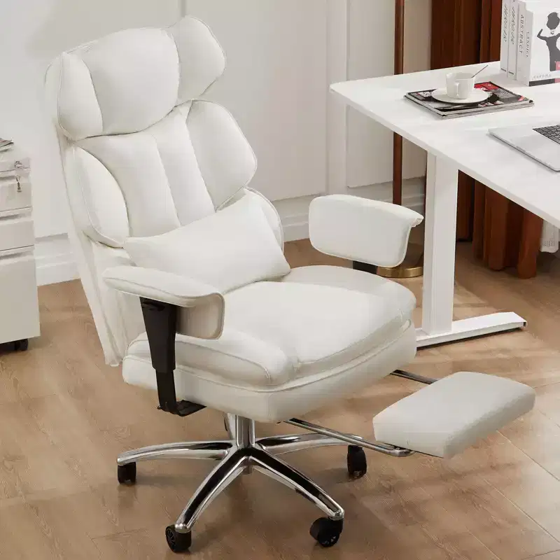 MAYEERTY Executive Chair Ergonomic High Back Footrest Lumbar Support PU Leather White