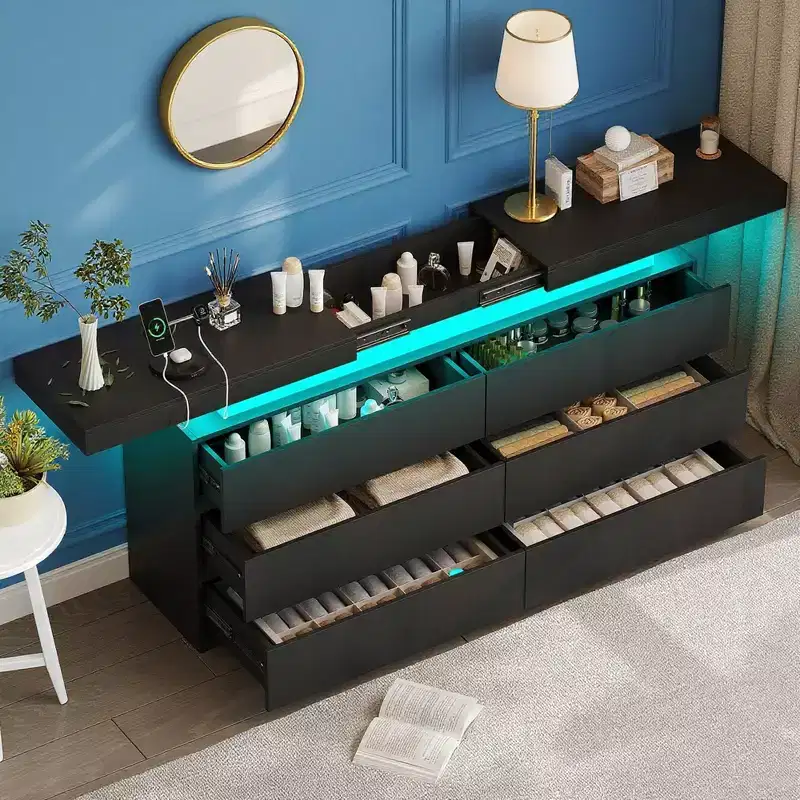 9 Drawer Dresser with Power Outlet,Dresser with LED Light,Modern Chest of Drawers for Closet,Double Wide Drawer Organizer Cabinet for Room
