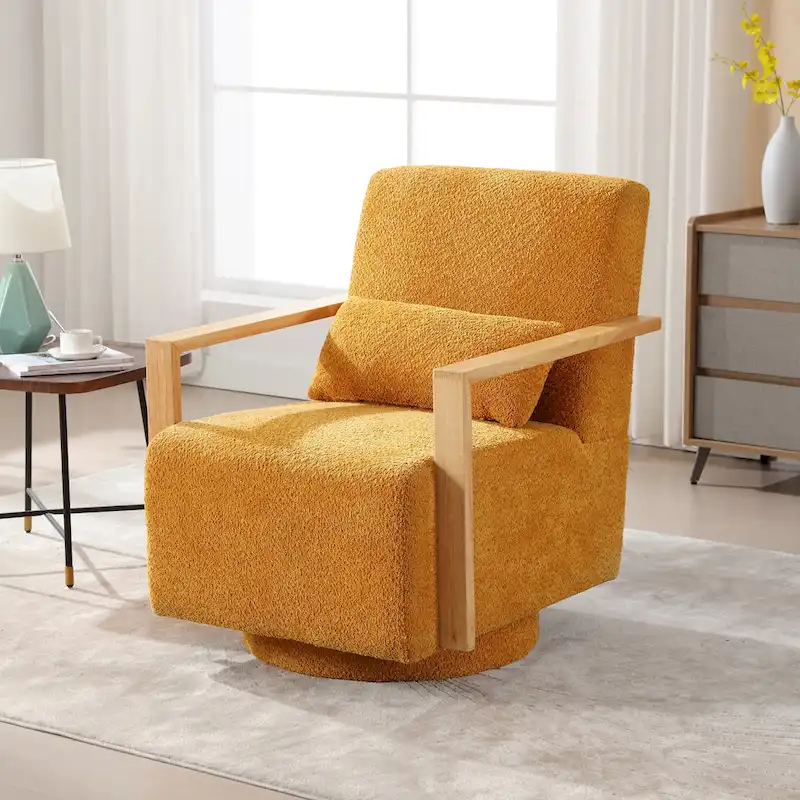 Mid-Century Boucle Upholstered Swivel Armchair With Pillow