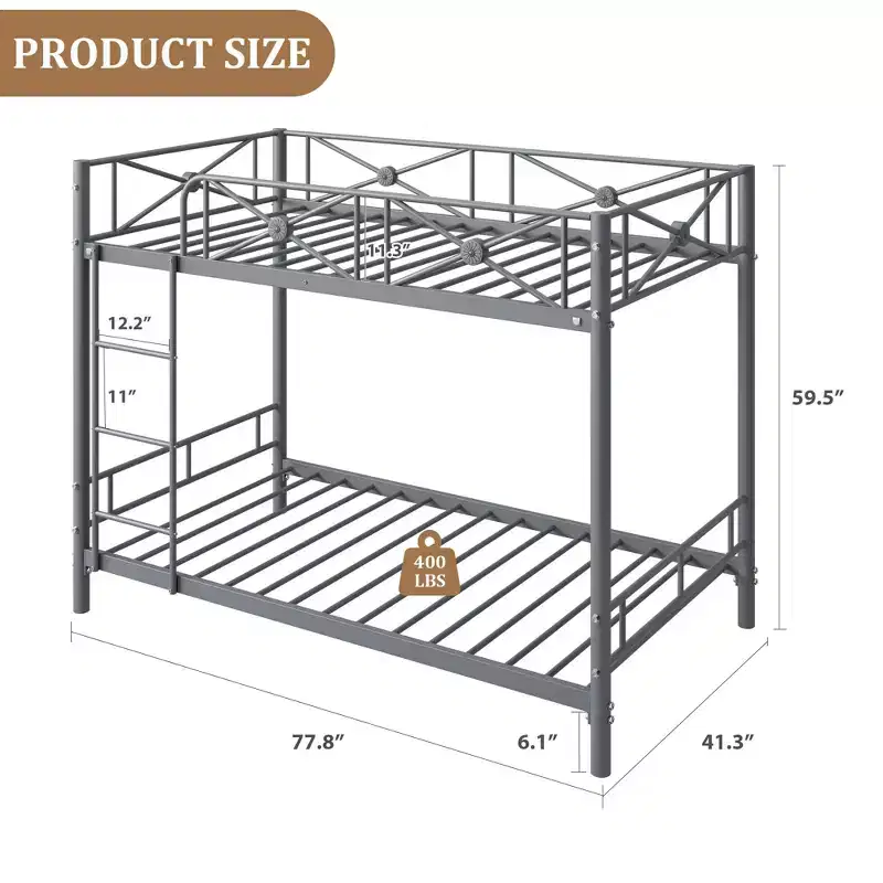 Metal Bunk Bed Twin Over Twin, Industrial Bunkbeds Heavy Duty Bed with Safety Guard Rails and Space-Saving Design, Steel Bed for School, Bedroom