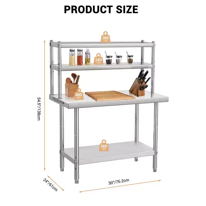 Stainless Steel Table, Heavy Duty Metal Commercial Prep Table with Four Tiers of Storage with Hooks for Kitchen, Home, Hotel Food Prep