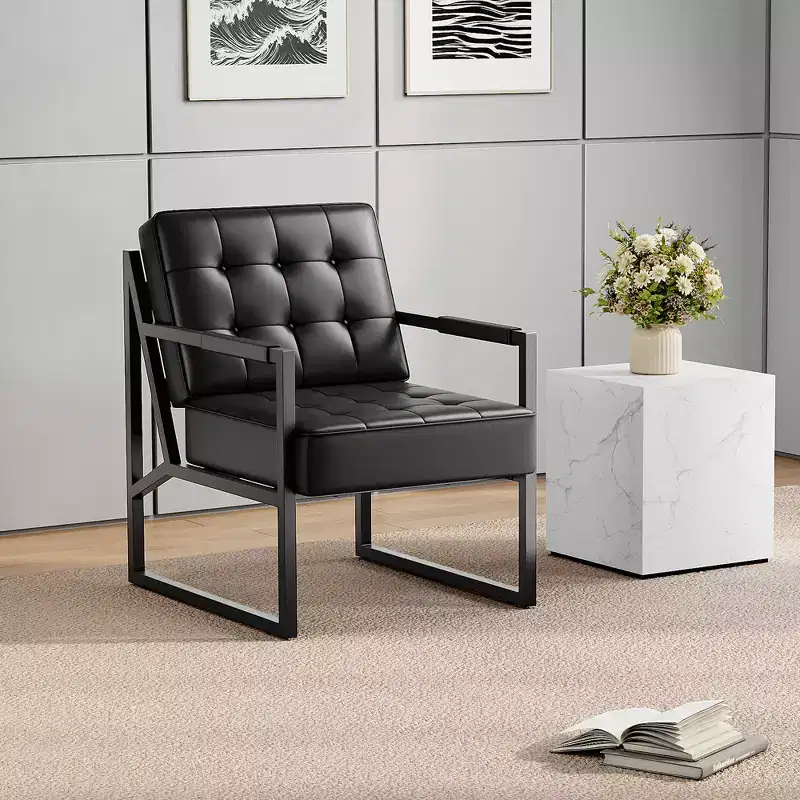 Leather Accent Chair, Mid-Century Modern Armchair with Metal Legs,Reading Leisure Chair with High Back for Living Room Bedroom