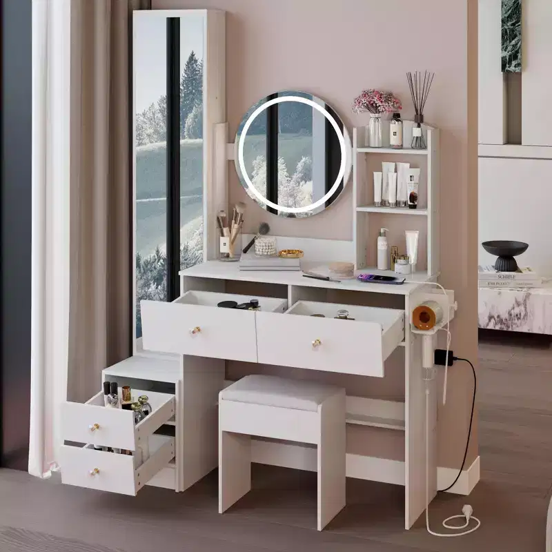 17-Inch Luxury Vanity Desk Set with Full-Body Mirror Cabinet and Lights, Cabinet Storage, Built-In Power Hub, Hair Dryer Stand, and Stool