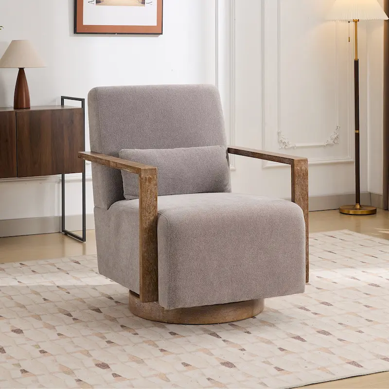 Mid-Century Boucle Upholstered Swivel Armchair With Pillow