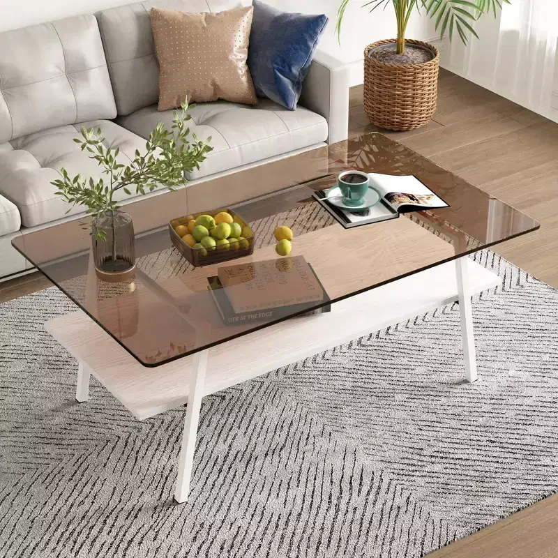 Mayeerty Rectangle Coffee Table, Tempered Glass Tabletop with White Metal Legs, Modern Table for Living Room , Brown Glass