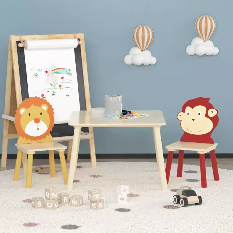 JVNOXK-Kids Table and 2 Chairs Set, 3 Pieces Toddler Table and Chair Set, Wooden Activity Play Table Set (Lion&Monkey)