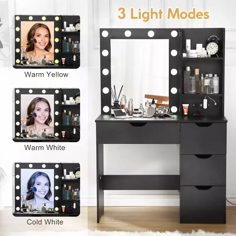 Makeup Vanity with Mirror and Lights, 3 Lighting Modes Vanity Desk with 4 Drawers and Built-in Power Strip