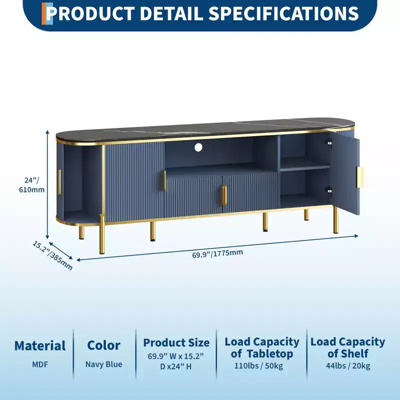 Blue / Oak Fluted TV Stand with Sliding Doors & Adjustable Shelves, Fits TVs up to 80
