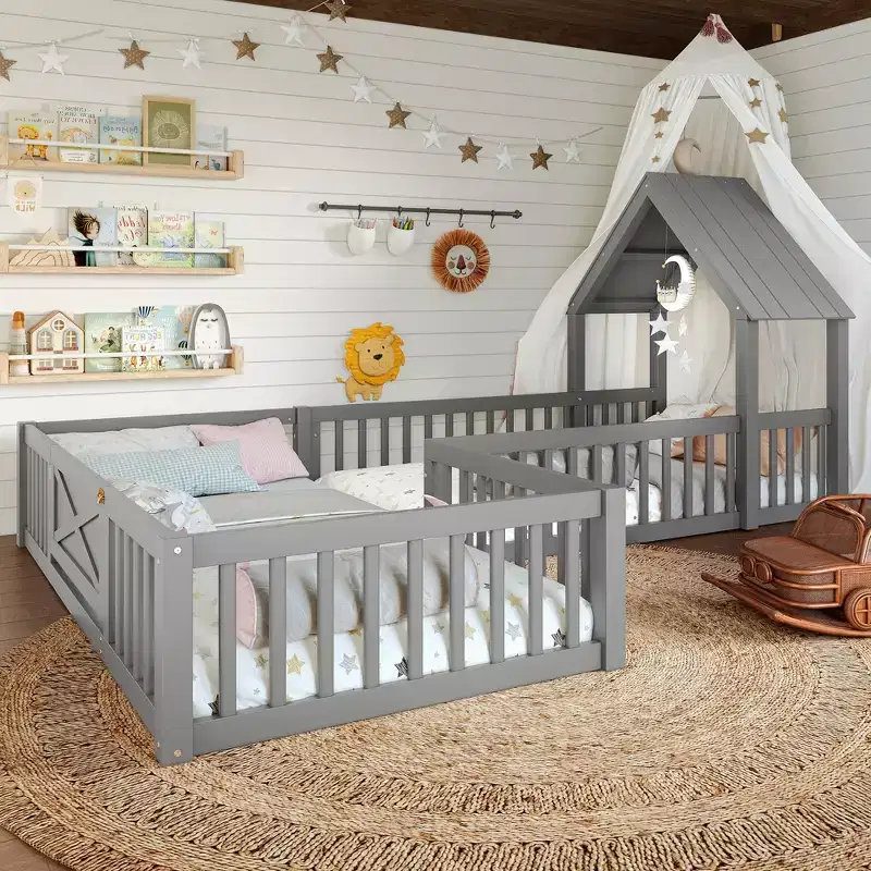 Twin/Full Size House Bed with Door and Guardrails, Double Twin Wood Platform Bed for Kids