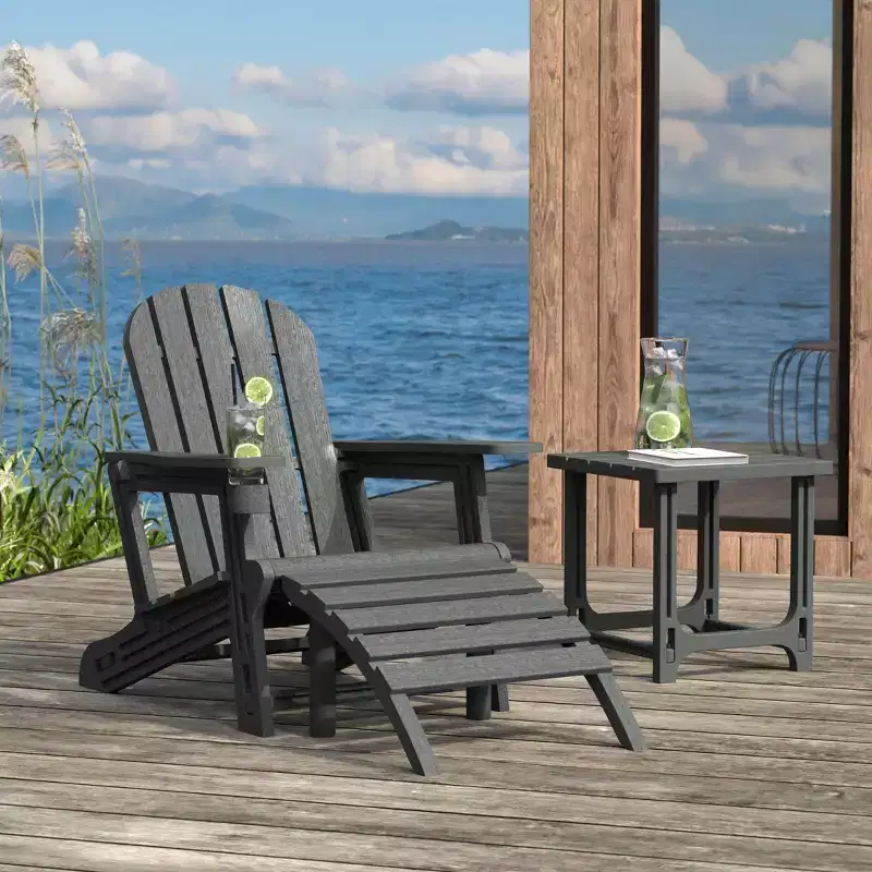WestinTrends Azura 3-Piece HDPE Outdoor Patio Adirondack Chair with Ottoman and 18 Side Table Set, Gray