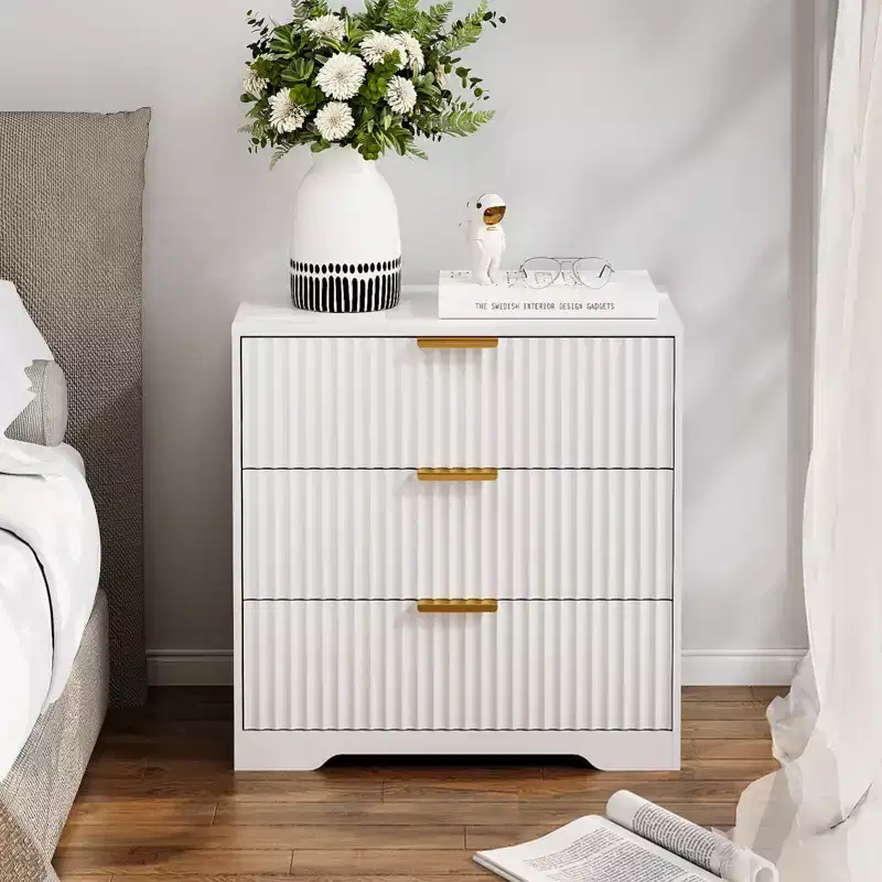 Modern White Wood Nightstand 3 Drawers Fluted Bedside Table Large 27 Inch Wide Storage Accent Cabinet Dresser For Bedroom Living Room Home Furniture