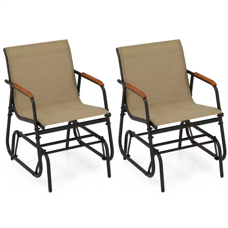 Costway Patio Glider Chair Set of 2 w/ Curved Teak Armrests & Breathable Fabric Seat