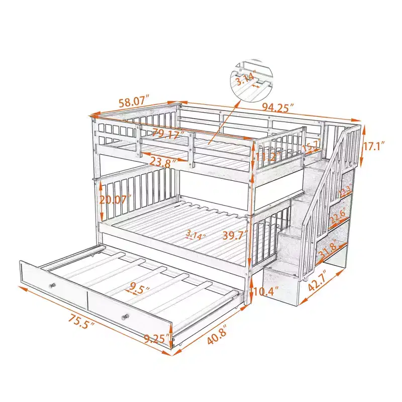 Full over Full Bunk Beds with Trundle and Stairs, Wooden Stairway Bunk Bed with Storage & Guard Rail for Dorm