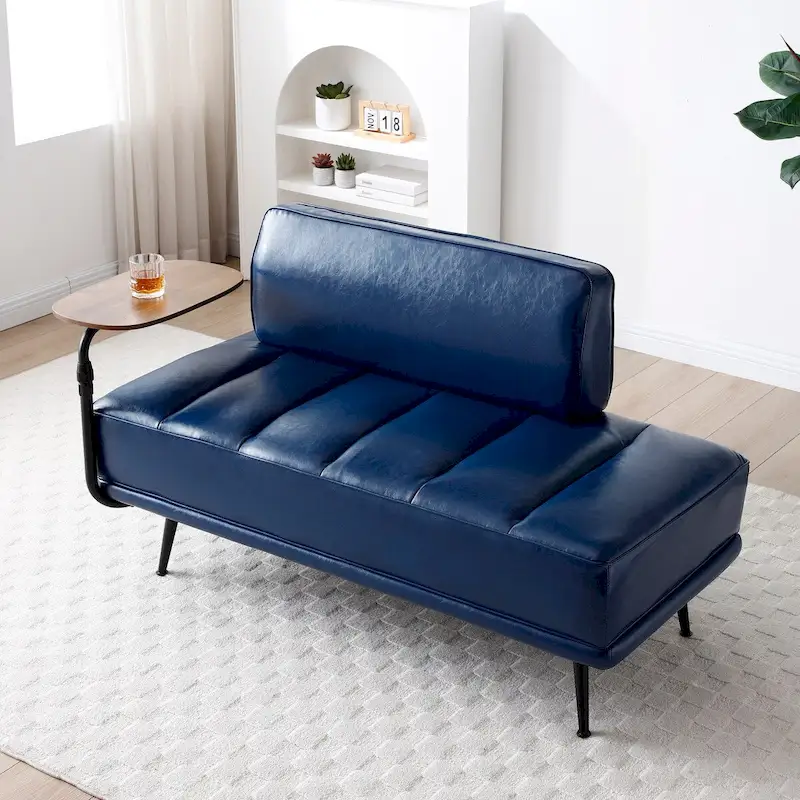 56.3Width End of Bed Bench,Faux Leather Upholstered With side table,360-degree Swivel tray couch,Entryway Ottoman,Metal Legs