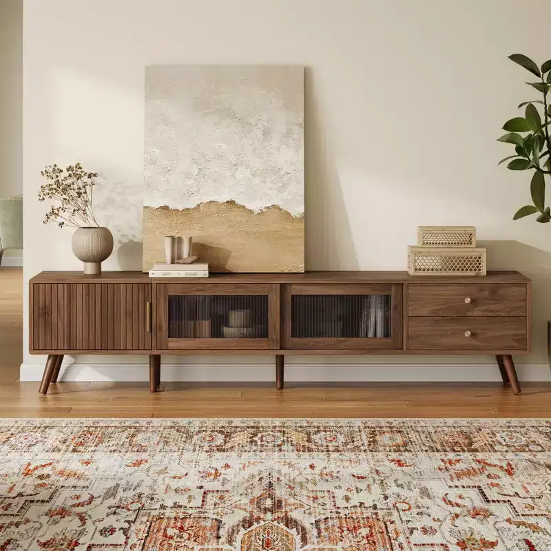 76 TV Stand for TVs up to 85 Inches, Modern Minimal Glass-Doors TV Stand with Storage Cabinets, Wood-Grain Entertainment Center