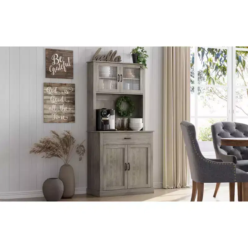 COZONY 70 Tall Kitchen Pantry Cabinet with Microwave Stand&Coffee Bar Wooden Freestanding Hutch with 4 Doors & Adjustable Shelves for Dining Room