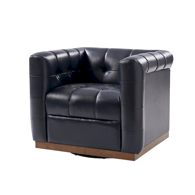 JeremiasMid-certury Modern GenuineLeatherTufted SwivelClubChair with Wooden Apron by HULALA HOME